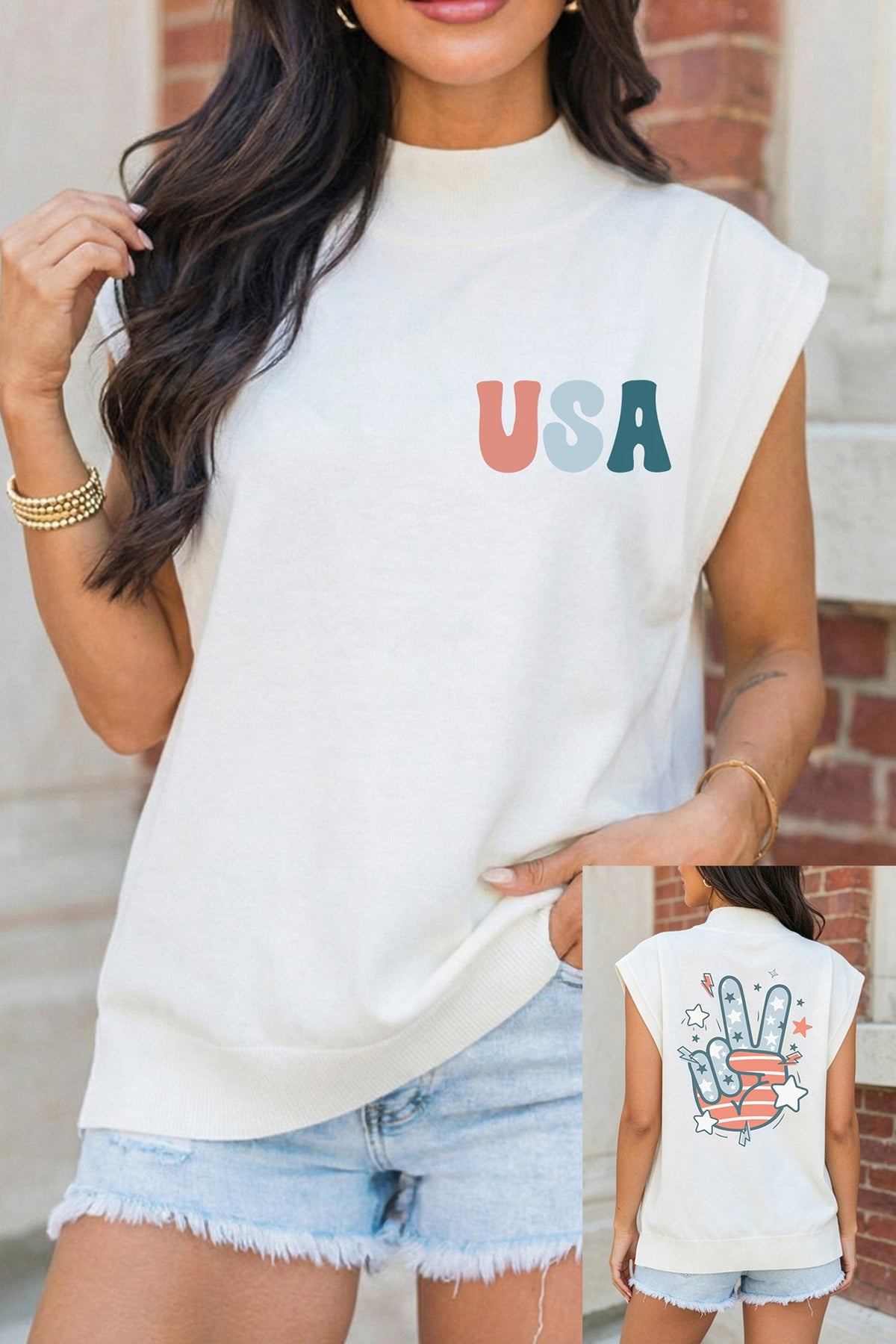 White USA/ Patriotic Victory Double Side Printed Mock Neck Tee