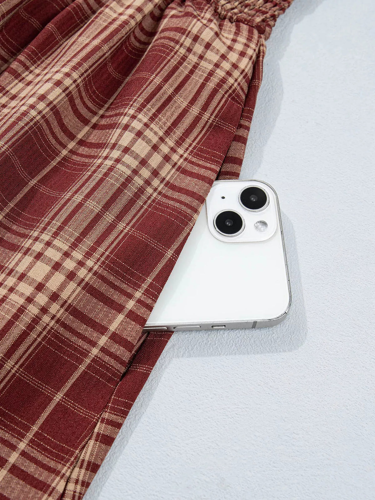 Plaid Knot Front Smocked High Waist Midi Dress