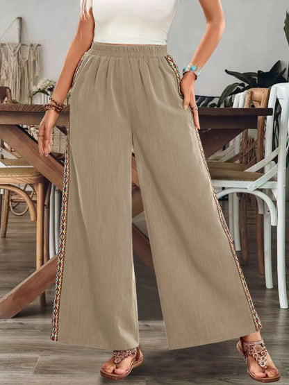 Bohemian Wide Leg Embroidered Side Stripe Pants Khaki
