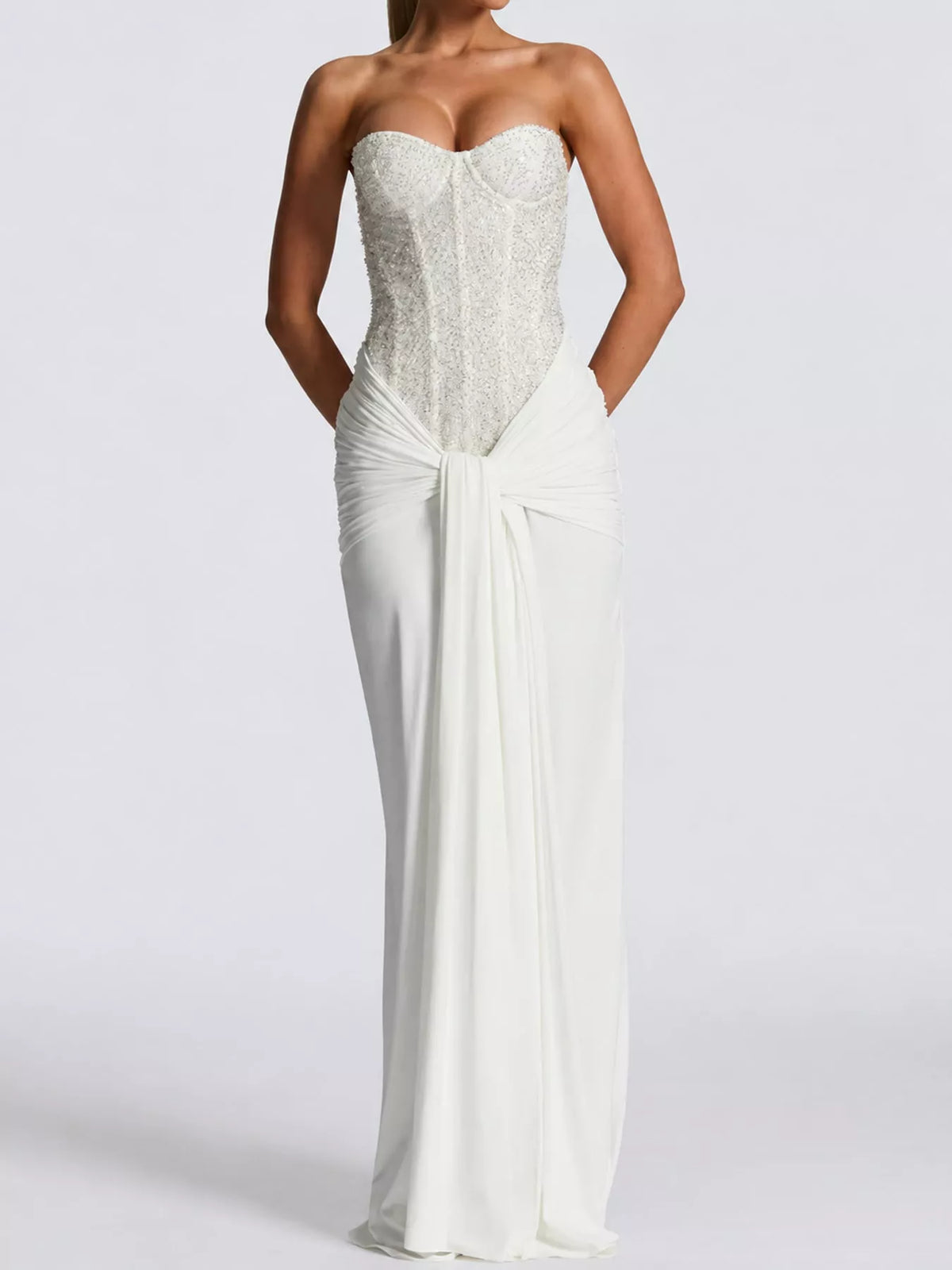 Elegant Strapless Sequin Corset Maxi Dress with Draped Waist Detail