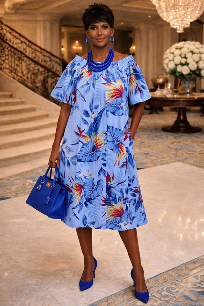 Blue Tropical Off-Shoulder Midi Dress — Effortless Elegance