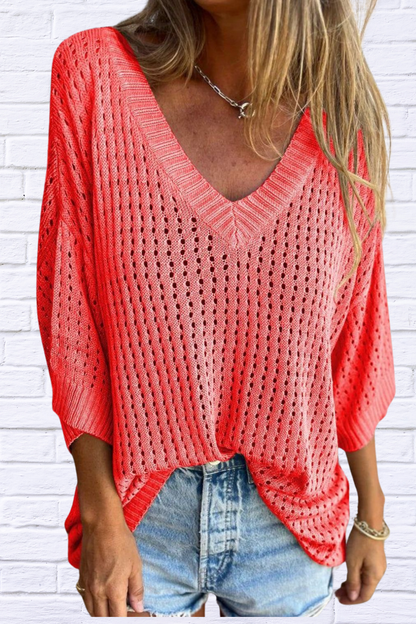 Full Size Openwork V-Neck Knit Cover Up Plus Size Strawberry