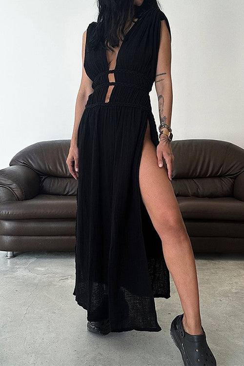 Deep V Neck Cut Out High Slit Cotton Linen Maxi Beach Dress Black OneSize