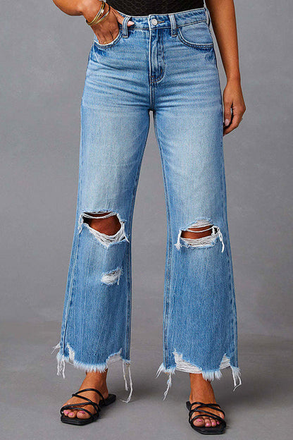 Raw Hem Ripped Flare Bottoms Denim Pants