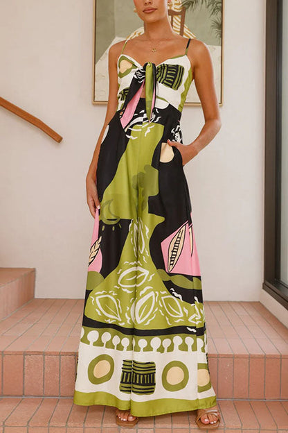 Tie Front Cut Out Wide Leg Printed Cami Jumpsuit