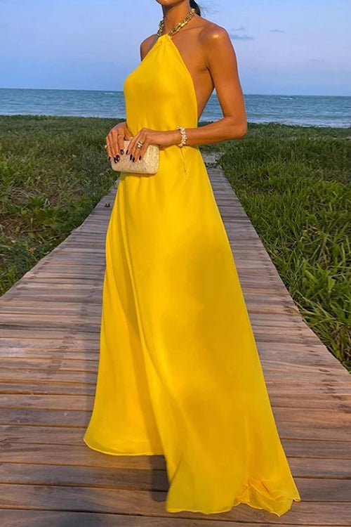Chain Halter Open Back Maxi Swing Dress Yellow