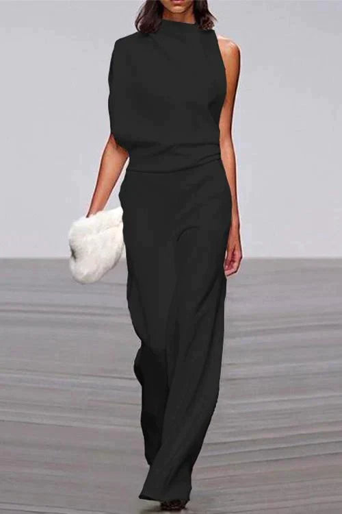 Cowl Neck One Shoulder Batwing Sleeve Party Suit Black