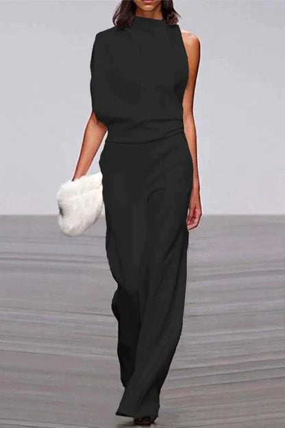 Cowl Neck One Shoulder Batwing Sleeve Party Suit Black