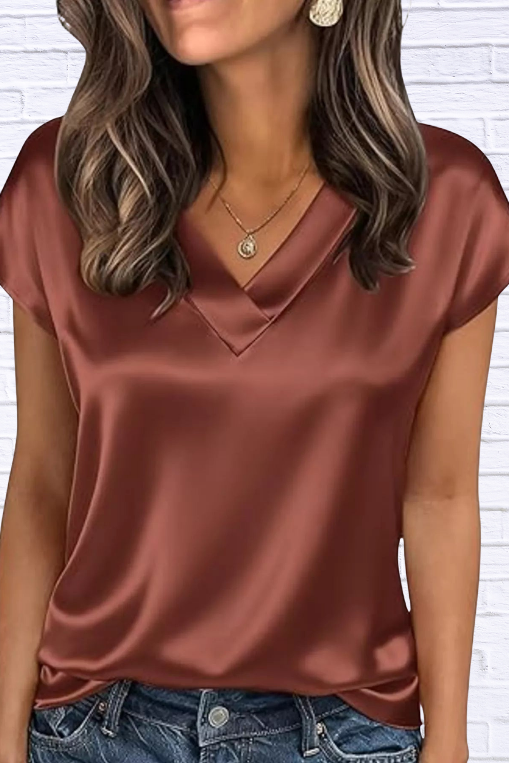 Satin V-Neck Short Sleeve Blouse