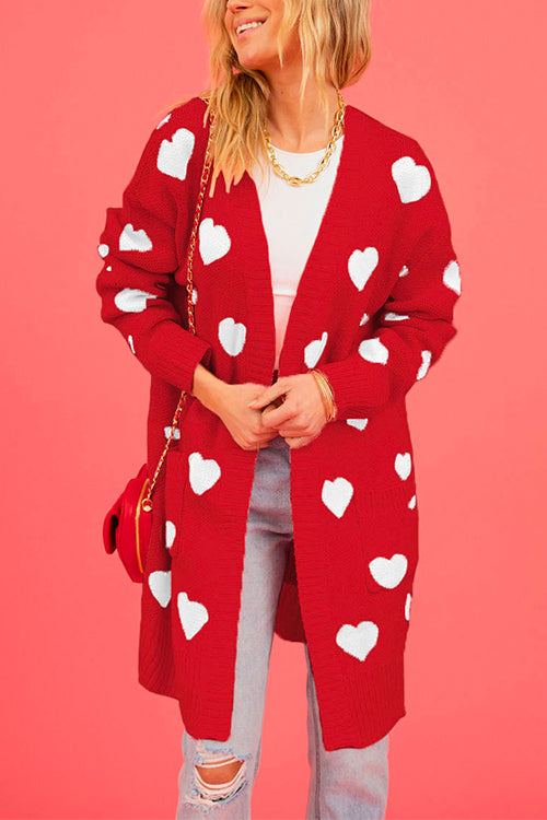 Open Front Pocketed Valentines Date Heart Print Cardigan Red
