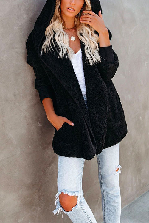 Open Front Hoodied Fuzzy Outwear with Pockets Black