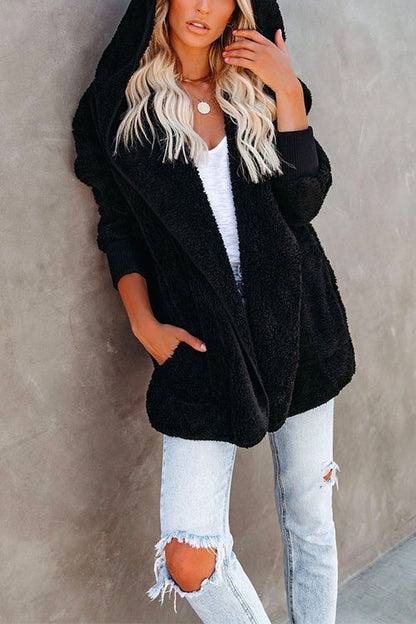 Open Front Hoodied Fuzzy Outwear with Pockets Black