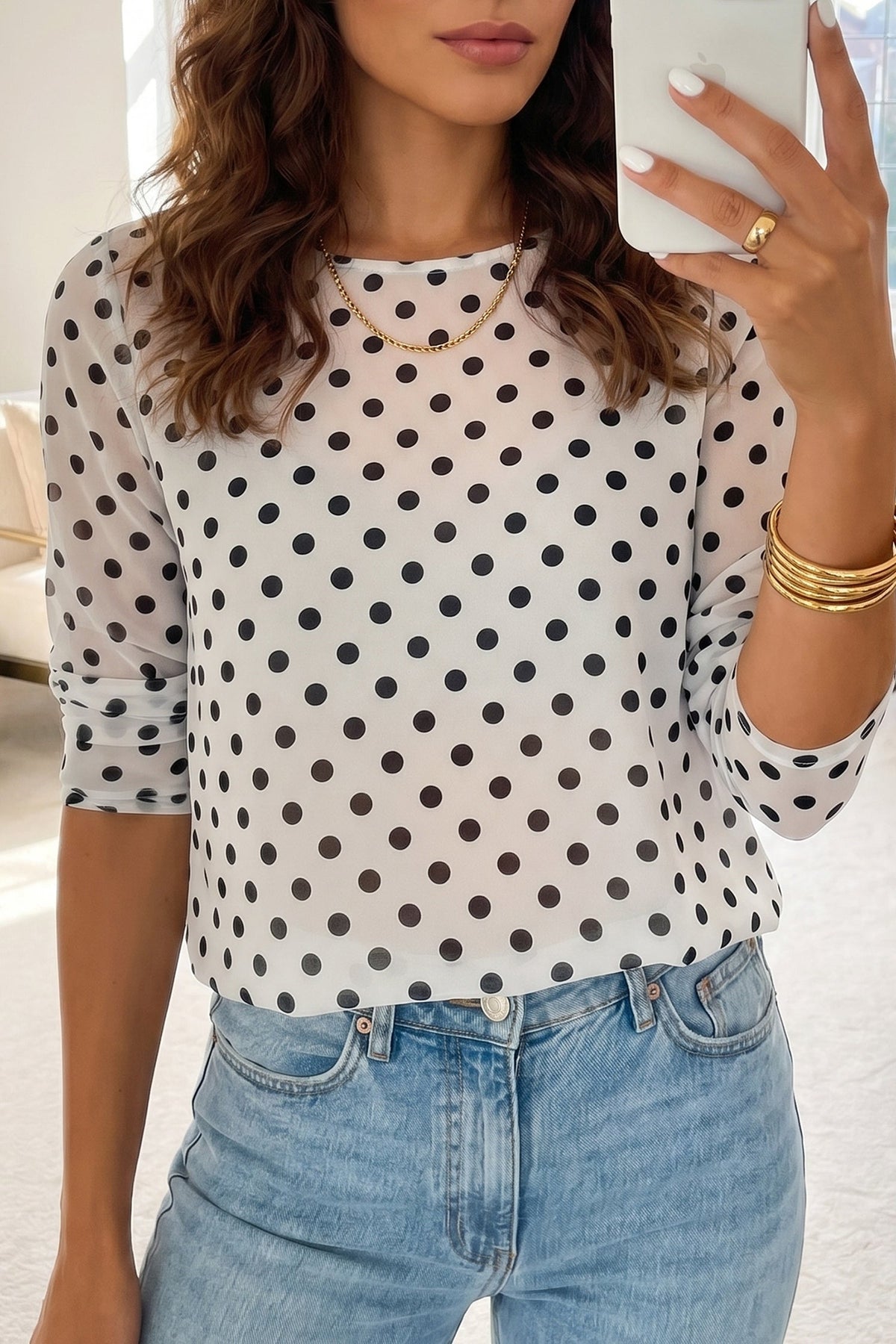 Black Polka Dot Sheer Mesh Long Sleeve Round Neck Shift Blouse