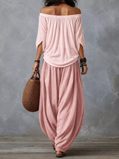 Full Size Off-Shoulder Top and Wide-Leg Harem Pants Set Plus Size