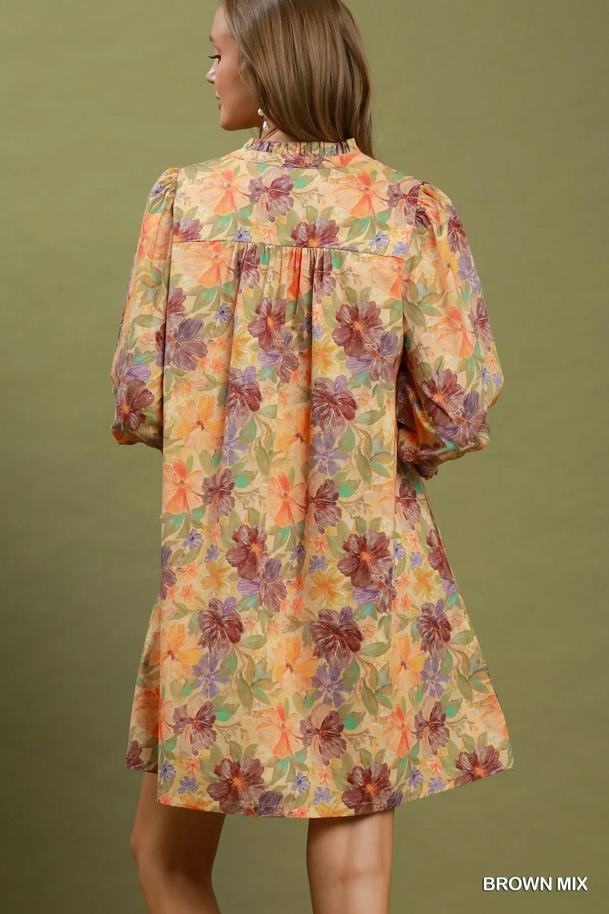Umgee Mix Floral Print Smocked Cuff Mini Dress