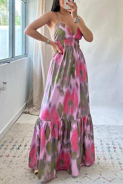 V Neck Open Back High Waist Tie Dye Maxi Vacation Dress