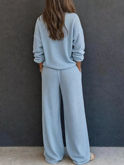 Women’s Waffle Knit Two-Piece Pants Set – Button-Front Top & Wide-Leg Pants