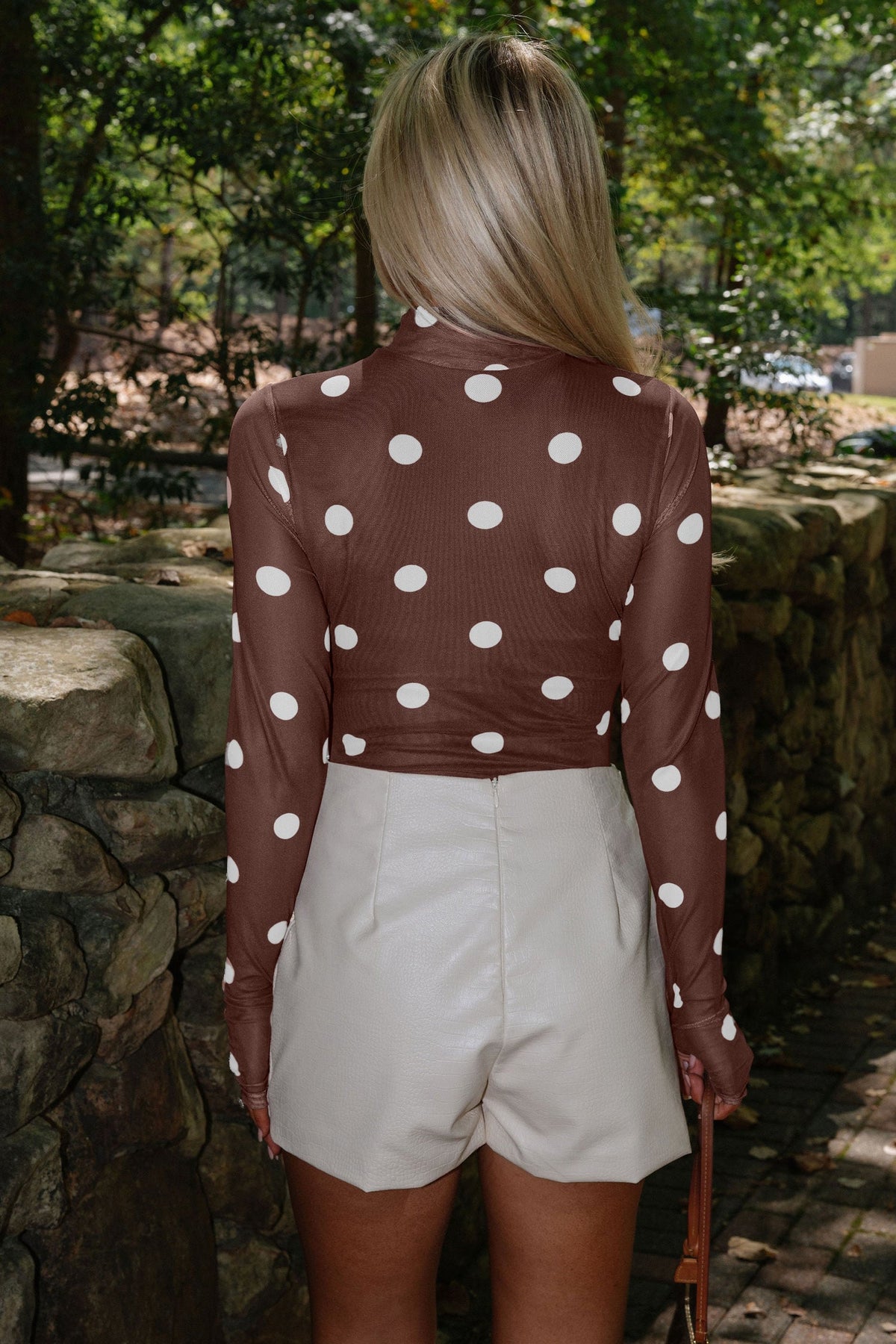 Brown Vintage Polka Dot Print Mesh Long Sleeve Bodysuit