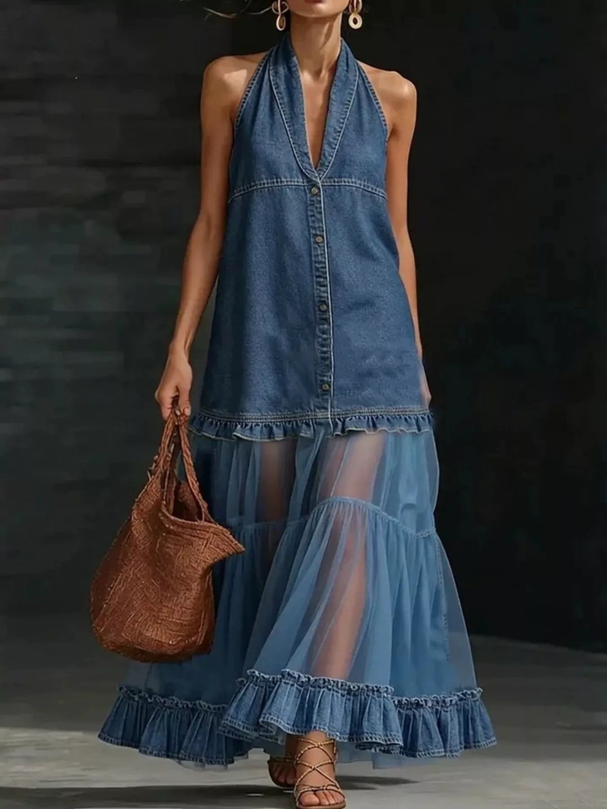 Full Size Ruffle Hem Sleeveless Sheer Tulle Denim Dress Plus Size