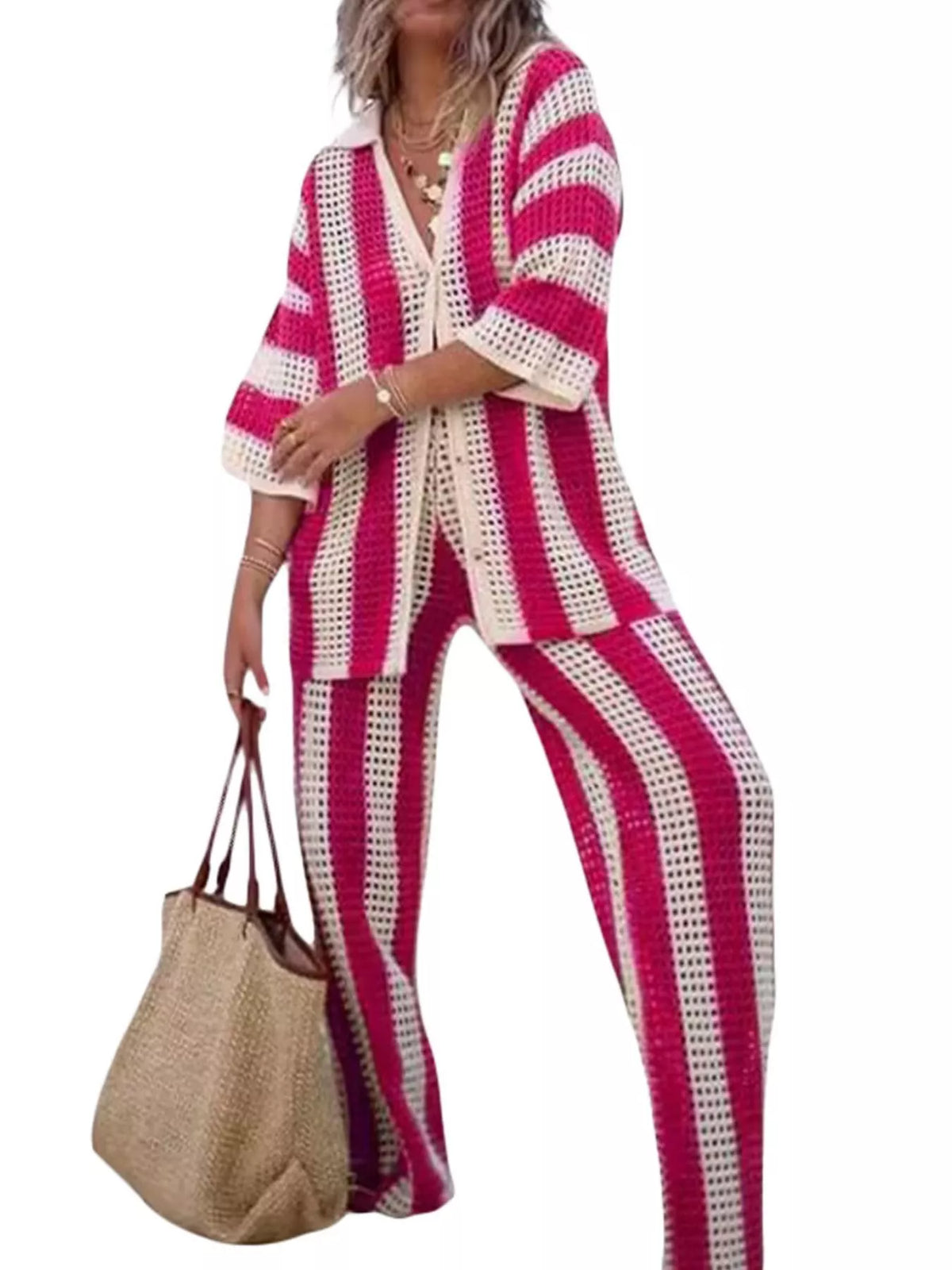 Striped Crochet Knit Shirt and Pants Set