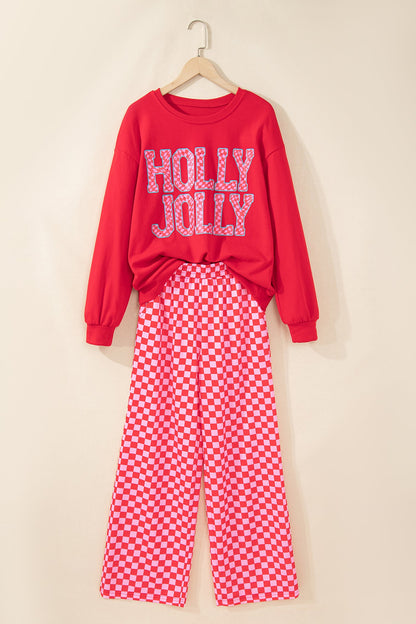 Red Christmas Slogan Graphic Plaid Contrast Two-piece Pant Set