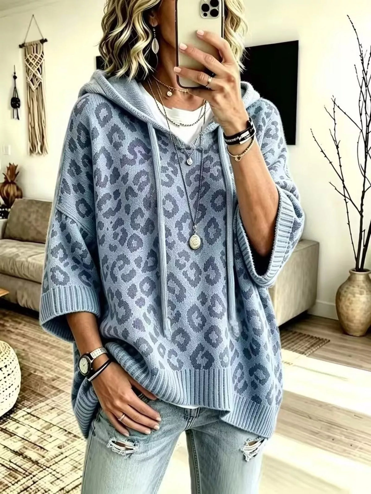 Women's Leopard Print Drawstring Hooded Sweater