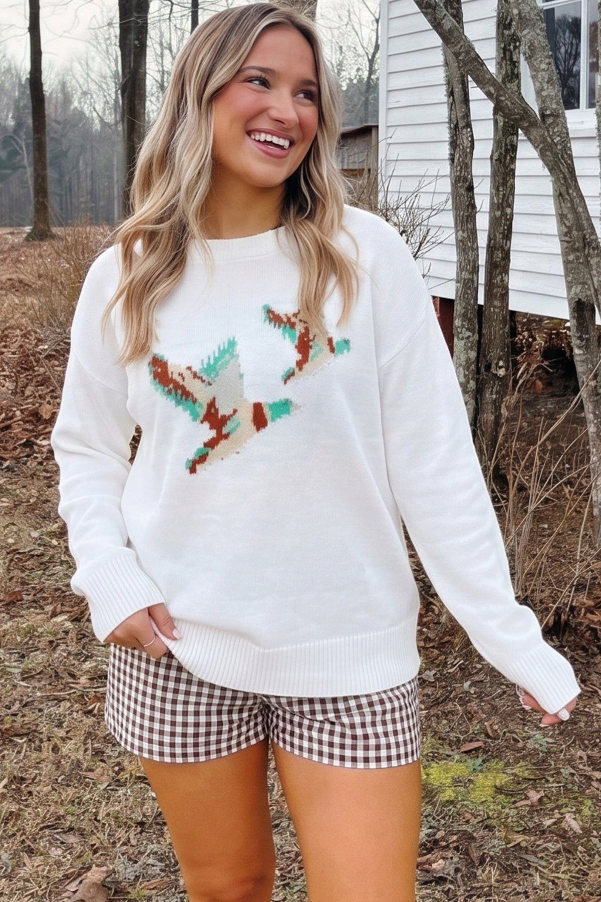 White Retro Flying Mallard Pattern Drop Shoulder Pullover Sweater