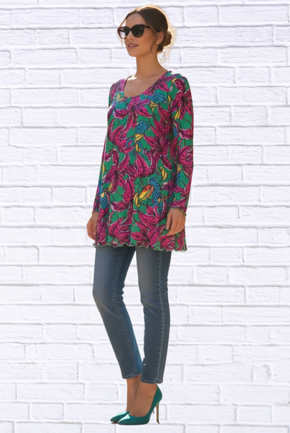 Sibella Pleated Front Long Sleeve Blouse Floral cheetah