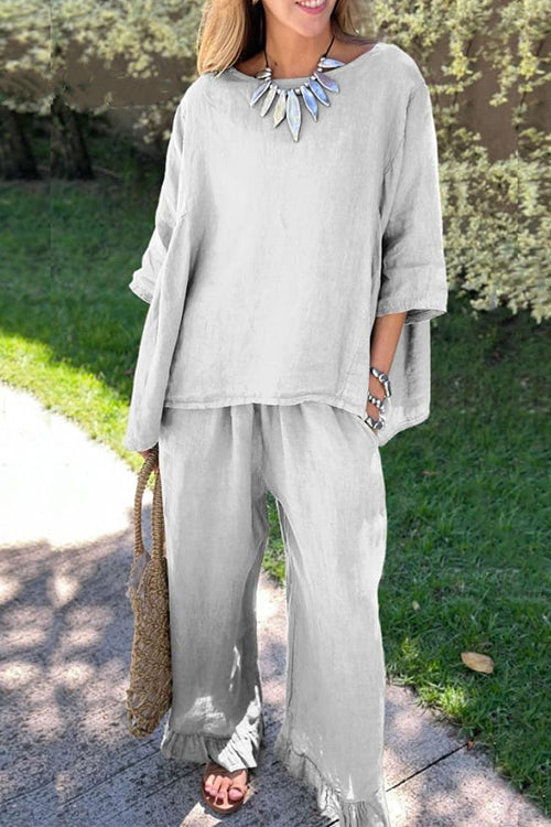 Cotton Linen 3/4 Sleeves Pullover Top Wide Leg Ruffle Hem Pants Set Gray