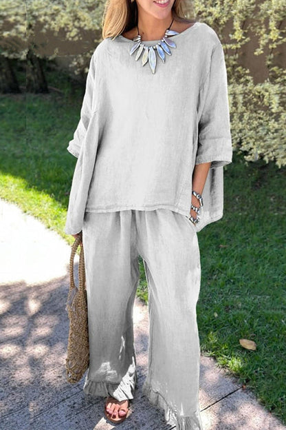 Cotton Linen 3/4 Sleeves Pullover Top Wide Leg Ruffle Hem Pants Set Gray