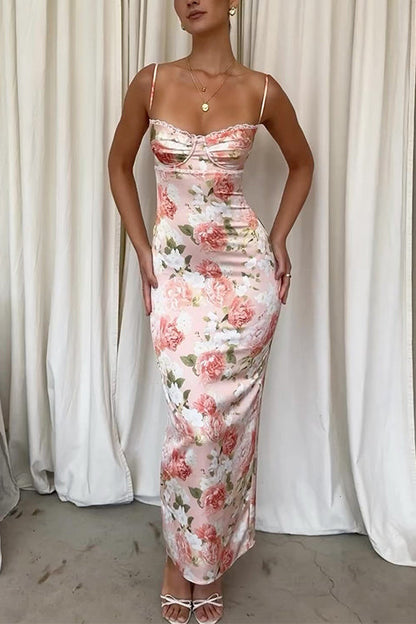 Floral Print Back Slit Bustier Maxi Sling Dress Floral