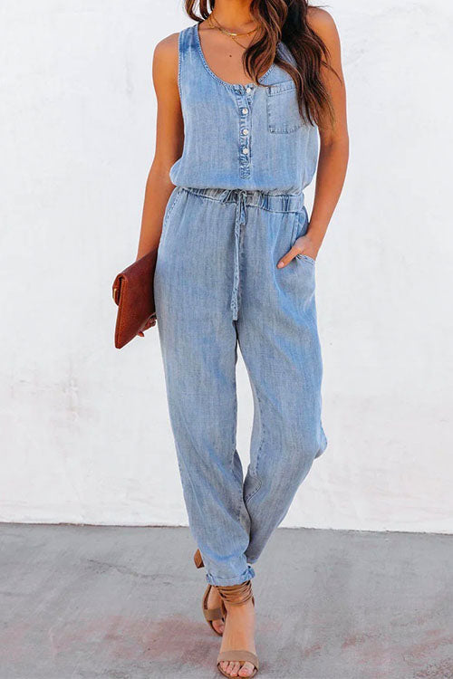 Drawstring Waist Distressed Denim Tank Jumpsuit LightBlue