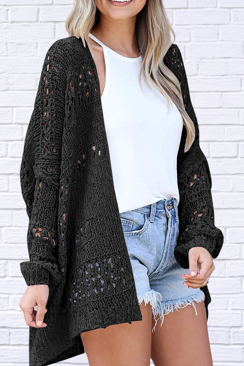 Kim Openwork Open Front Long Sleeve Cardigan Black