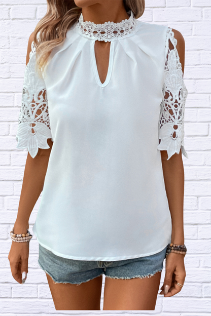 Lace Mock Neck Cold Shoulder Blouse White