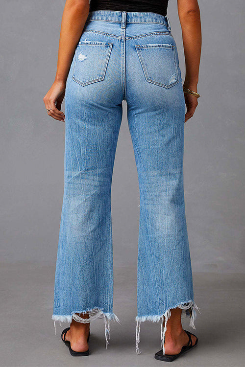 Raw Hem Ripped Flare Bottoms Denim Pants