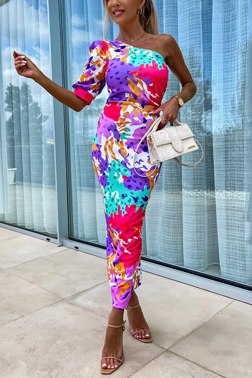 One Shoulder Back Slit Printed Maxi Dress