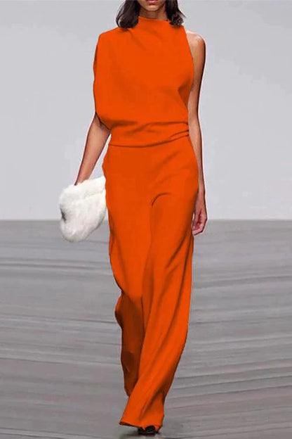 Cowl Neck One Shoulder Batwing Sleeve Party Suit Orange