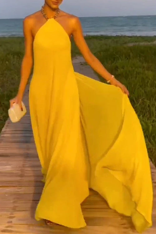Chain Halter Open Back Maxi Swing Dress