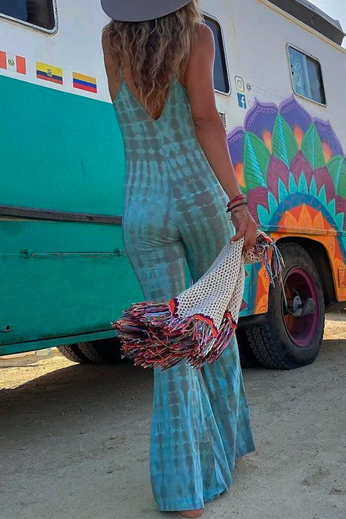 Lace Up Bell Bottoms Tie Dye Cami Jumpsuit