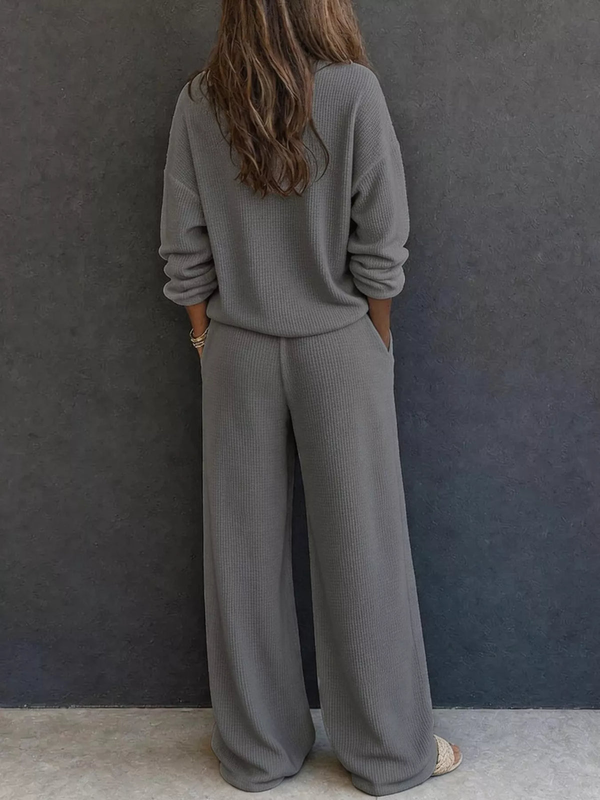 Women’s Waffle Knit Two-Piece Pants Set – Button-Front Top & Wide-Leg Pants
