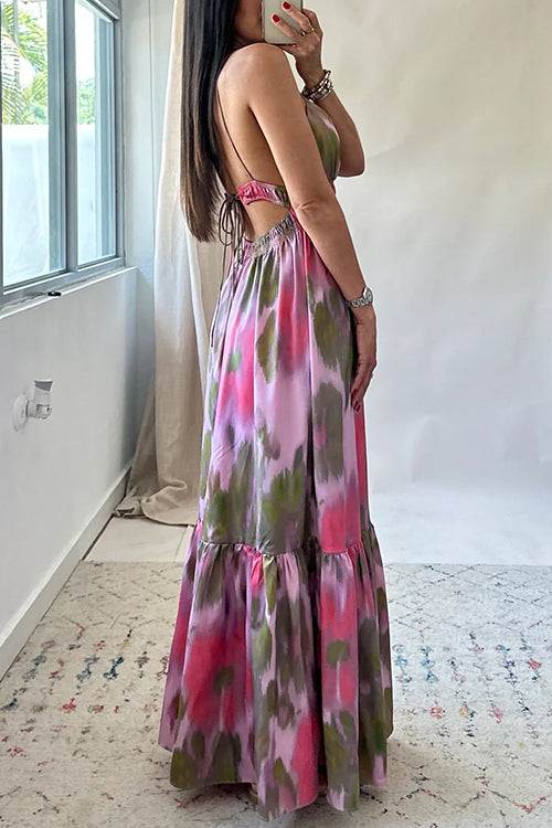 V Neck Open Back High Waist Tie Dye Maxi Vacation Dress