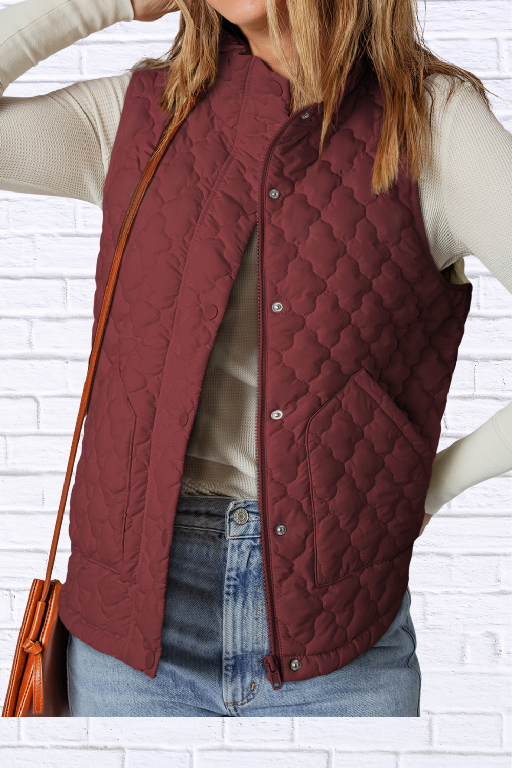 Burgundy Quilted Snap Down Zip Up Vest Coat – Women’s Lightweight Warm Outerwear for Fall & Winter Burgundy