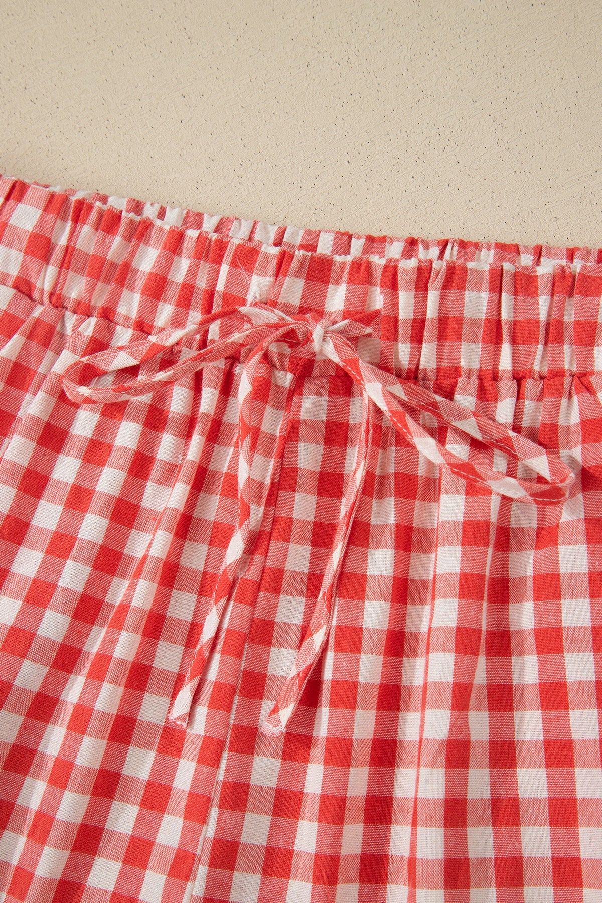 Red Gingham Plaid Tie Elastic Waist Lace Patchwork Hem Casual Shorts