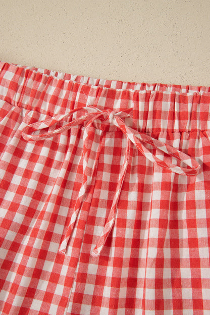 Red Gingham Plaid Tie Elastic Waist Lace Patchwork Hem Casual Shorts