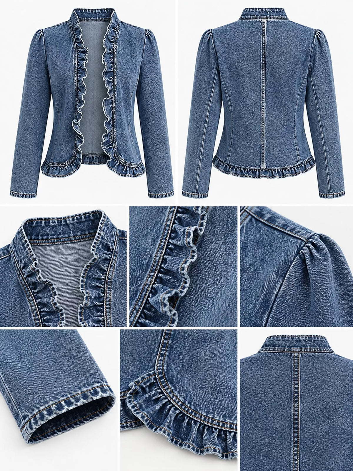 Full Size Open Front Ruffled Trim Washed Denim Jacket Plus Size