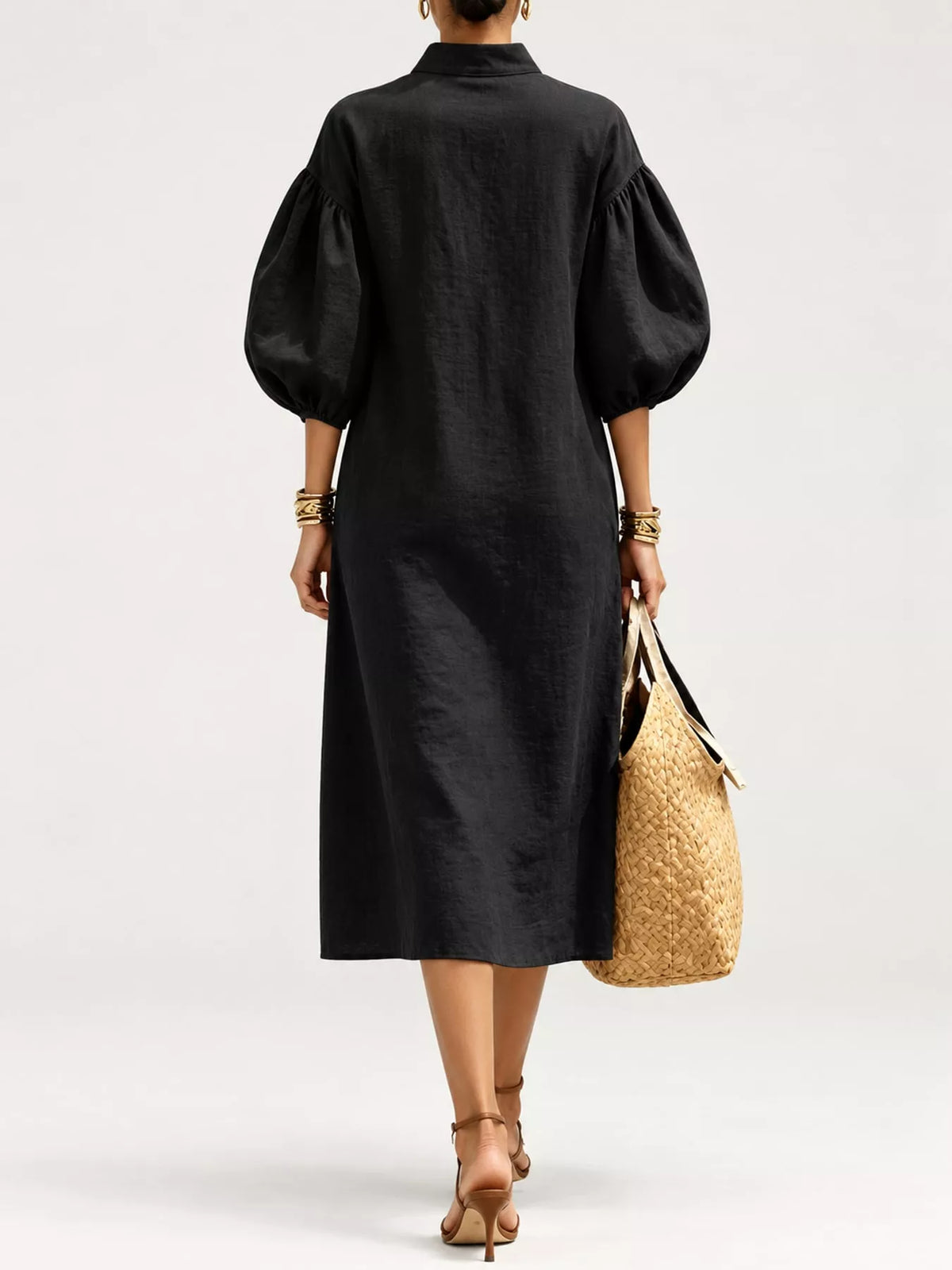 Half-Zip Puff Sleeve Midi Dress