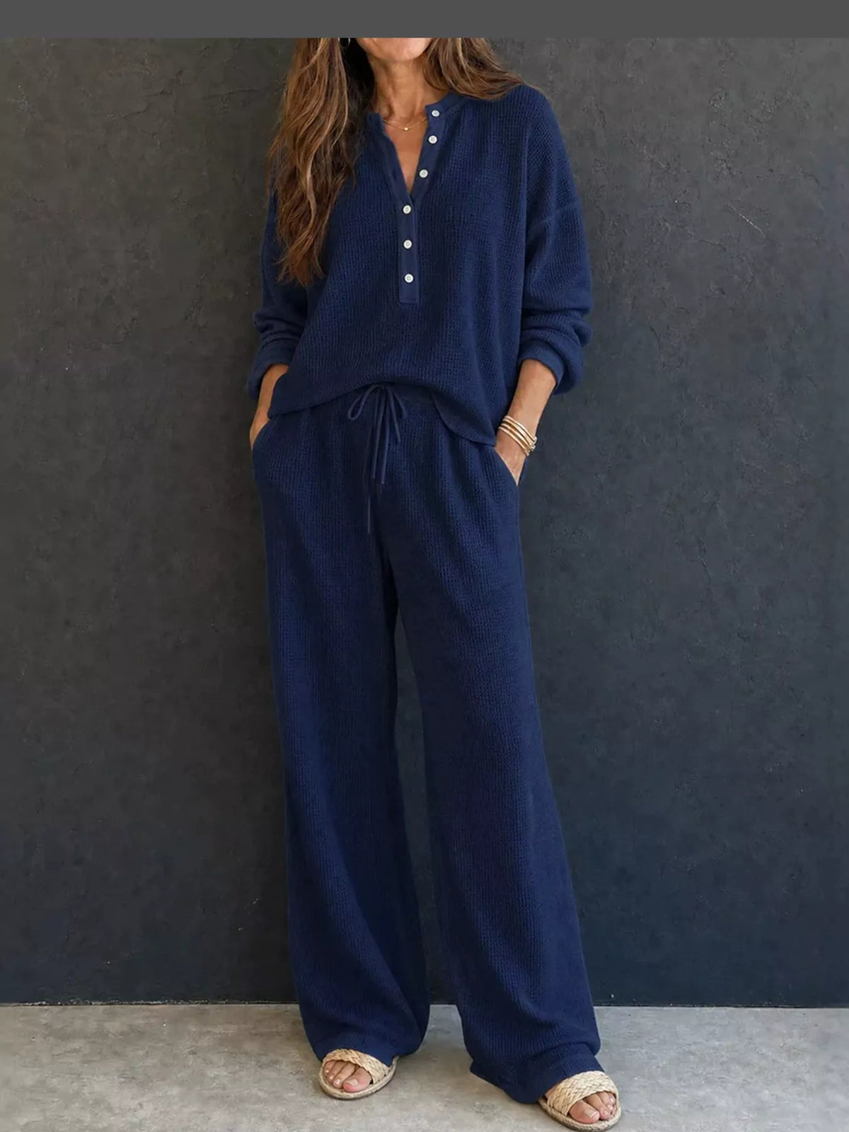 Women’s Waffle Knit Two-Piece Pants Set – Button-Front Top & Wide-Leg Pants