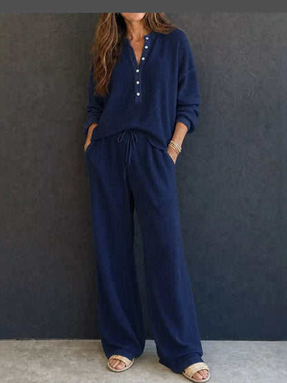 Women’s Waffle Knit Two-Piece Pants Set – Button-Front Top & Wide-Leg Pants