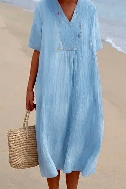 V Neck Short Sleeve Baggy Cotton Linen Midi Dress Blue