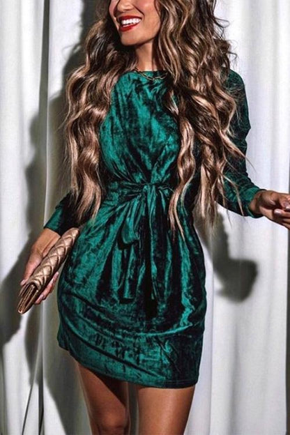 Tie Waist Velvet Holiday Dress(in 4 Colors) Green